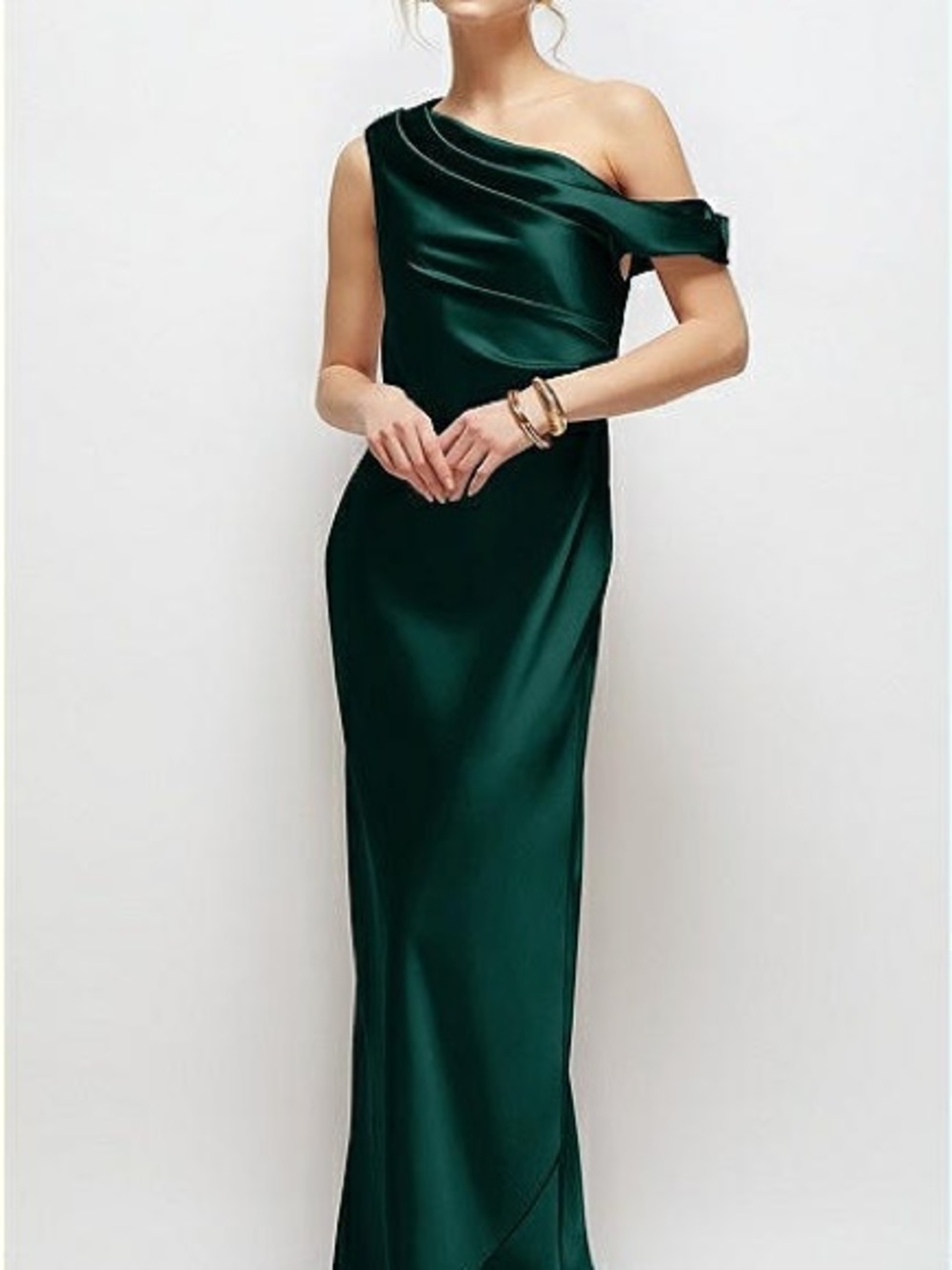 After Six One-Shoulder Satin Gown in Deep Emerald